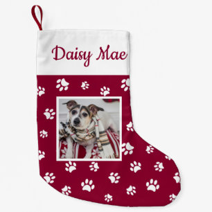 Cute Hond Naam & Foto Rood en Witte Pootafdrukken Kleine Kerstsok