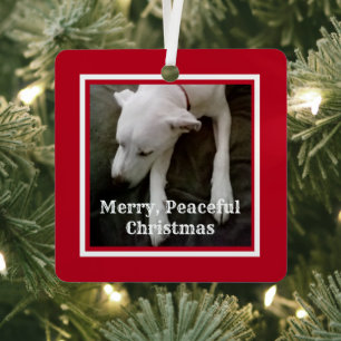 Cute Hondenfoto Rood en Wit Vrede 2025 Kerstmis Metalen Ornament