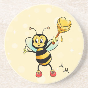 Cute Honey Bee & Monogram on Light Yellow Zandsteen Onderzetter