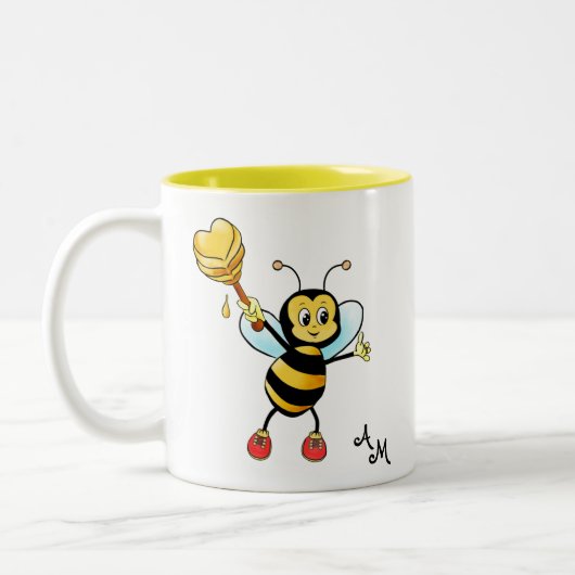 Cute Honey Bee with Heart & Monogram Tweekleurige Koffiemok (Links)