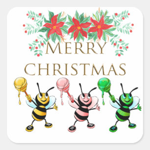 Cute Honey Bees Gold Merry kerst Vierkante Sticker