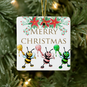 Cute Honey Bees Gold Merry kerstversier Keramisch Ornament