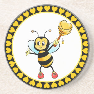 Cute Honey Bumble Bee & Hearts on Black & Yellow Zandsteen Onderzetter