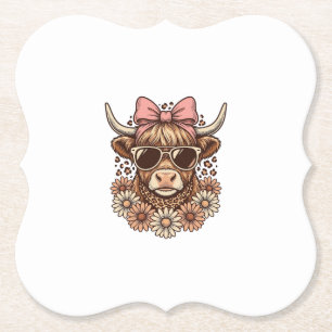 Cute Hoogland Koe Bril Roze Strik Vintage Kunst_ Kartonnen Onderzetters