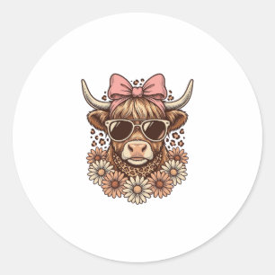 Cute Hoogland Koe Bril Roze Strik Vintage Kunst_ Ronde Sticker