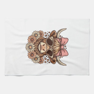 Cute Hoogland Koe Bril Roze Strik Vintage Kunst_ Theedoek