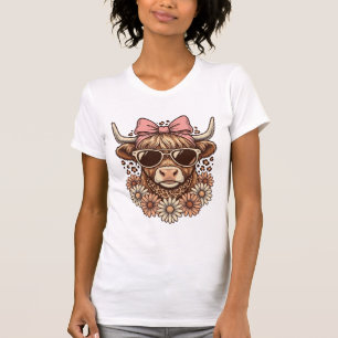 Cute Hoogland Koe Zonnebril Roze Strik Vintage Kun T-shirt