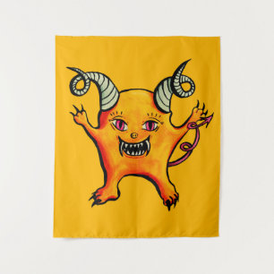 Cute Horned Demon Cartoon Monster Kinder Yellow Wandkleed