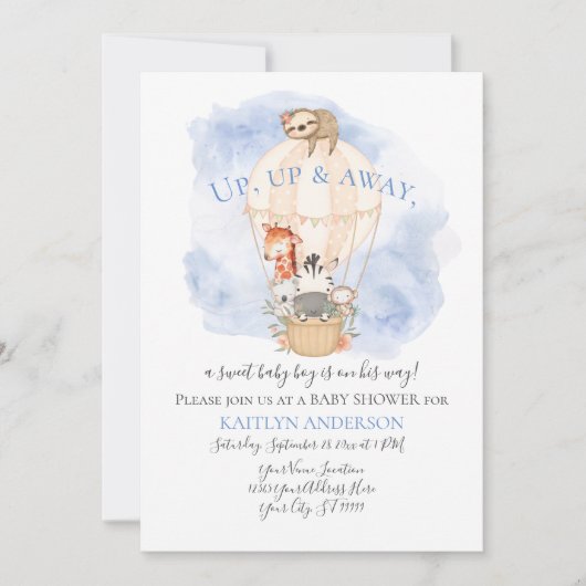 Cute Hot Air Ballon Giraffe Sleuf Zebra Blue Boy Kaart (Voorkant)