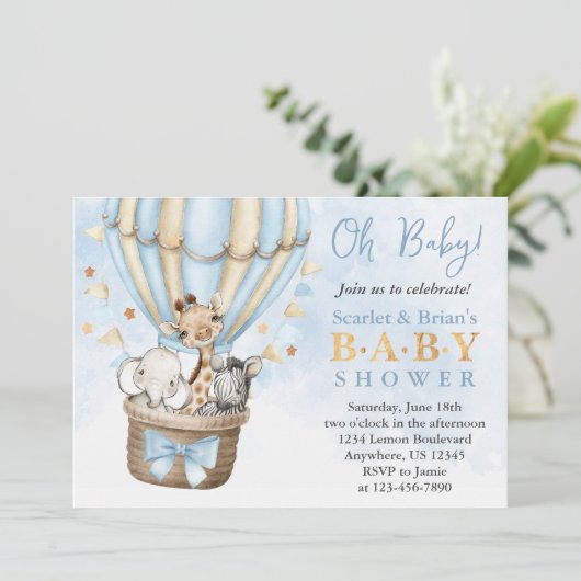 Cute Hot Air Ballon Safari Animals Baby shower Kaart (Staand voorkant)