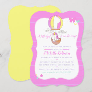 Cute Hot Air ballon Unicorn Baby Girl Shower Kaart