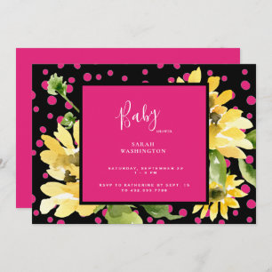 Cute Hot Pink & Black Sunflower Baby shower Kaart