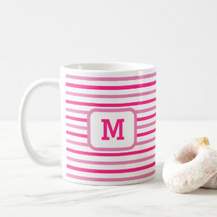 Cute Hot Pink Stripes Aangepast, wit Initiaal Koffiemok