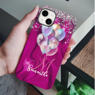 Cute hot roze faux zilveren glitter ballon monogra Case-Mate iPhone 14 hoesje