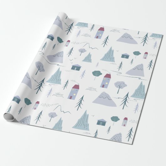 Cute Houses Trees Mountains Modern Pattern Cadeaupapier (Uitgerold)