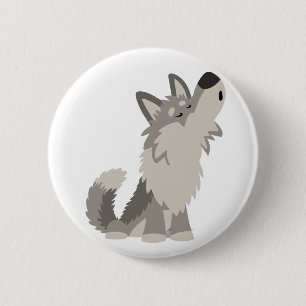 Cute Howling Cartoon Wolf Button Badge