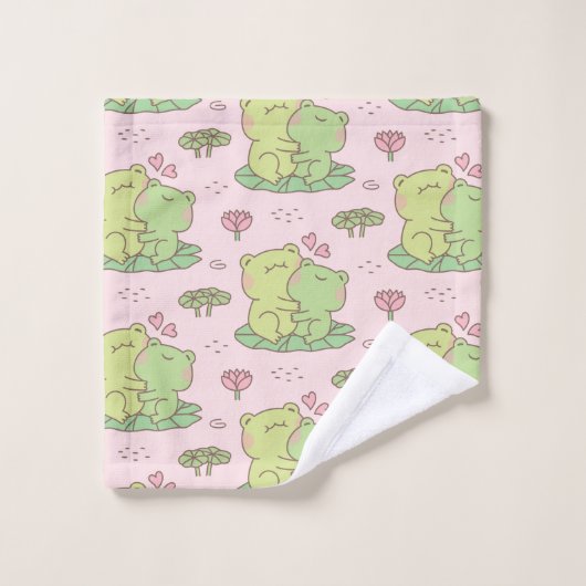 Cute hugging Frogs in Love Pattern Pink Bad Handdoek (Wasdoekje)