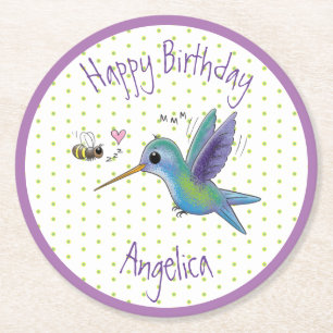 Cute hummingbird and bee cartoon illustration ronde kartonnen onderzetter