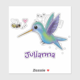 Cute hummingbird and bee cartoon illustration sticker