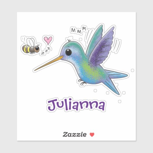 Cute hummingbird and bee cartoon illustration sticker (Vel)