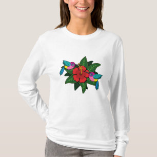 Cute Hummingbird on Hibiscus Flower Cartoon - W T-shirt