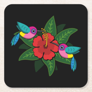 Cute Hummingsbird on Hibiscus Flower Cartoon Vierkante Kartonnen Onderzetter