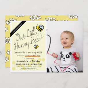 Cute Hunny Bee Yellow Foto Virtual 1st Birthday Kaart