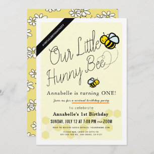 Cute Hunny Bee Yellow Virtual 1st Birthday Party Kaart