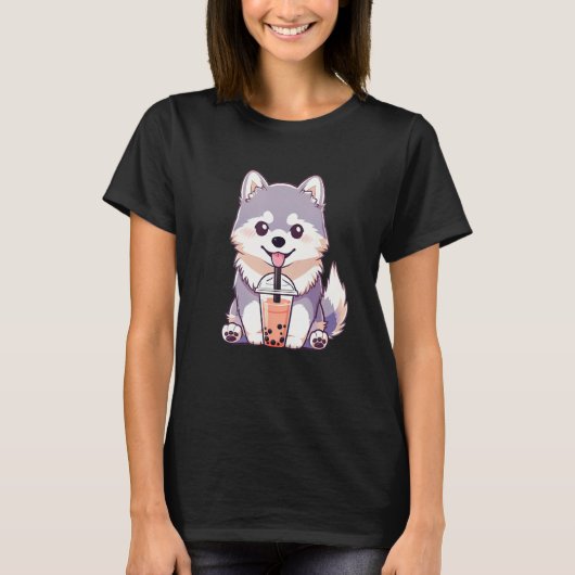 Cute Husky Dog Drinking Bubble Milk Tea  Dog T-shirt (Voorkant)