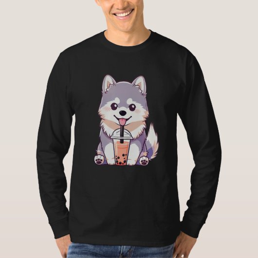 Cute Husky Dog Drinking Bubble Milk Tea  Dog T-shirt (Voorkant)