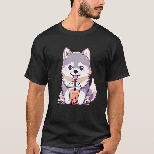 Cute Husky Dog Drinking Bubble Milk Tea  Dog T-shirt (Voorkant)