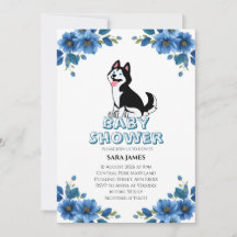 Cute Husky Dog Floral Baby Shower Invitation
