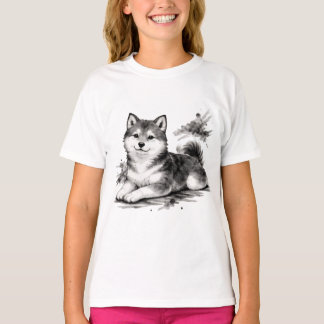 【Cute Husky Puppy Japanese Ink Art Girls T-Shirt】 T-shirt