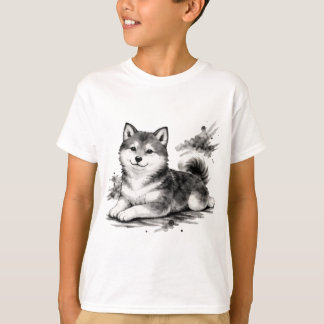 【Cute Husky Puppy Japanese Ink Art Kids T-Shirt】 T-shirt