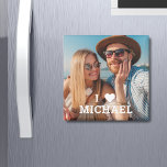 Cute I Love Heart Photo Couples Nom personnalisé<br><div class="desc">Cute I Love Heart Photo Couples Personnalisé Nom Magnet présente votre photo préférée avec le texte "I (love heart) add name" dans un script blanc moderne. Personnalisez en modifiant le texte dans la zone de texte fournie et en ajoutant votre propre image. Cadeaux parfaits pour les couples, copine, femme, amoureuse...</div>