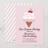 Cute Ice Cream Birthday Party Invitation Kaart (Voorkant / Achterkant)