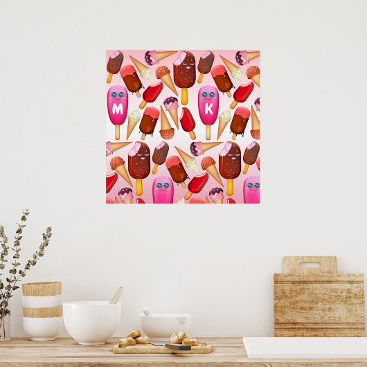 Cute Ice Cream Cone Popsiche Monogram Sweets Poster (Keuken)