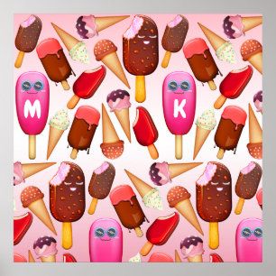 Cute Ice Cream Cone Popsiche Monogram Sweets Poster