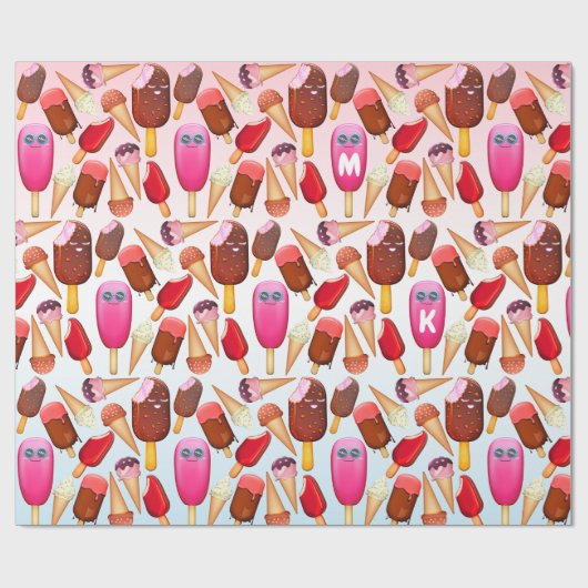 Cute Ice Cream Cone Popsicle Monogram Behandelinge Cadeaupapier (Vlak)