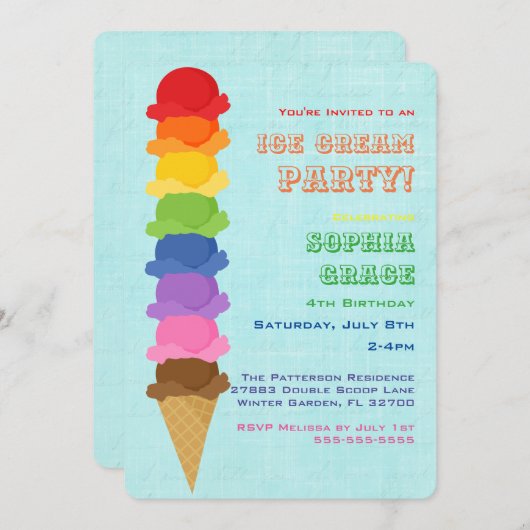 Cute Ice Cream Kids Birthday Party Invision Kaart (Voorkant / Achterkant)