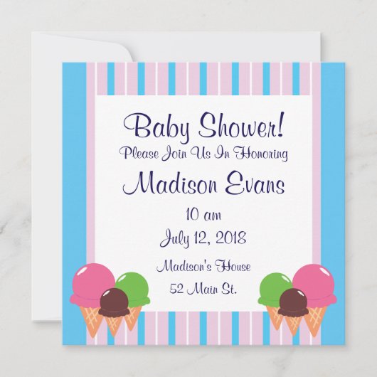Cute Ice Crème Cone Bébé Douche Invitations (Devant)