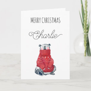 Cute Ijsbeer Prettig Kerstmis Naam Gevouwen Feestdagen Kaart