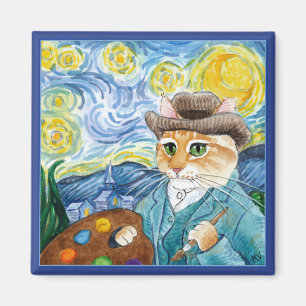 Cute impressionist cat, Van Gogh, Sterrennacht Magneet
