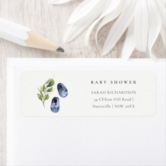 Cute Ink Blue Boy Shoes Fauna Baby shower Address Etiket (Insitu)