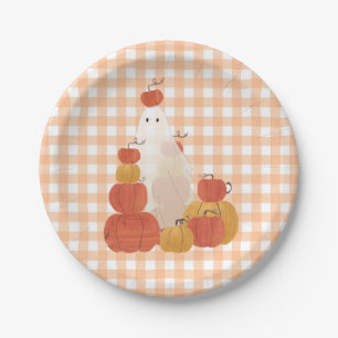 Cute Invisible Halloween Pumpkin Ghost Gingham Papieren Bordje