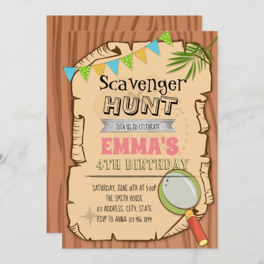Cute invitation à thème scavenger (Devant / Derrière)