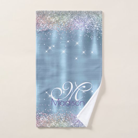 Cute iridescen ice blue faux monogram bad handdoek (Handdoek)