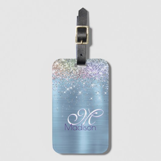 Cute iridescen ice blue faux monogram bagagelabel (Voorkant (verticaal))