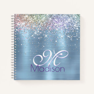 Cute iridescen ice blue faux monogram notitieboek