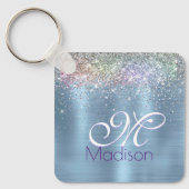 Cute iridescen ice blue faux monogram sleutelhanger (Voorkant)